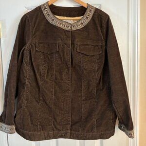 Share AVX Women Plus Brown Corduroy Embroidered Trim Cotton Blend Jacket 18/20